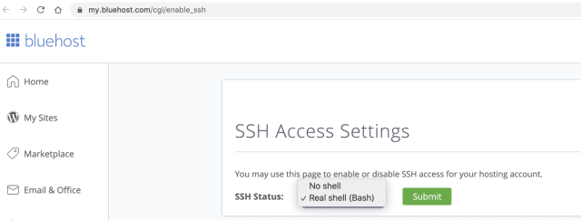 SSH configuration in Bluehost control panel